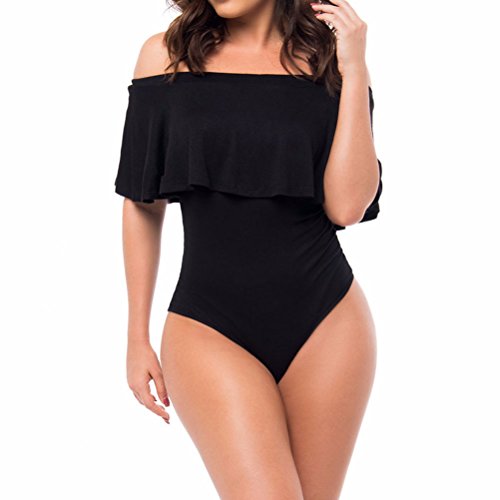 OUNAR Damen Schulterfrei Kurzarm Rückenausschnitt mit Badeanzug mit Rüschendetails von OUNAR