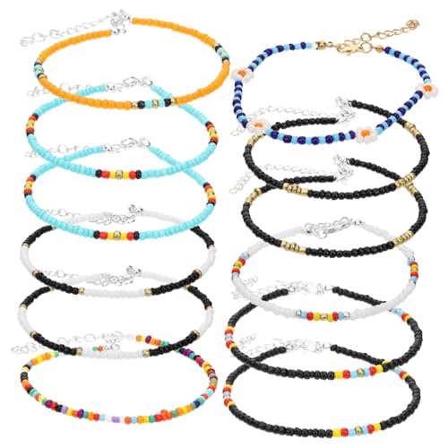 OUNONA Buntes Fußkettchen für Damen 12 Stück Perlen Fußkette Mehrlagig Eleganter Strand Schmuck Handgefertigt Farbenfrohe Perlen von OUNONA