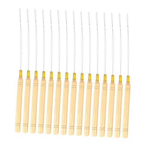 OUNONA 15 Stück Teiliges Haarverlängerung mit Holzgriff Häkelnadel und Metallhaken Stabile Fadeneinfädler Nadeln zum Durchziehen von Strähnen für Microring Extensions und von OUNONA