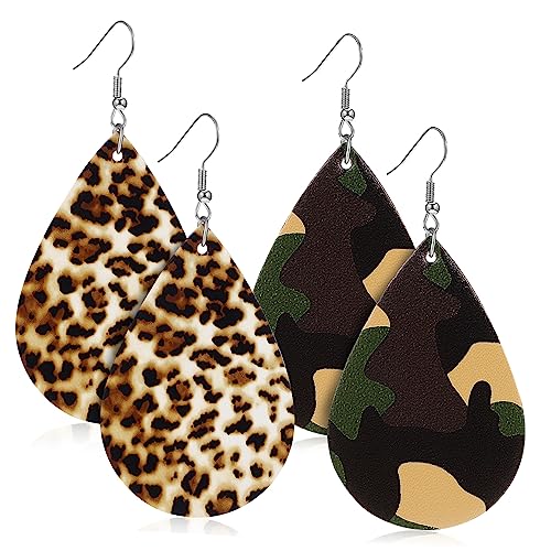 OUNONA 2paar Vintage Ohrringe Für Damen Baumelnde Tropfenohrringe Mit Leoparden Und Camouflage-anhänger Ohrhänger Kunstleder Modischer Ohrschmuck Für Frauen Und Mädchen von OUNONA