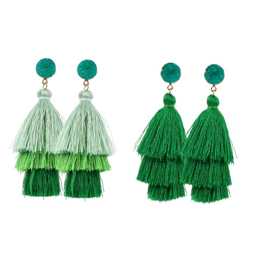 OUNONA 2 Paare Boho Ohrhänger mit Dreilagigen Tasseln für Damen Patrick's Day Party Schmuck Leichte Stoffohrringe Eleganter Auffälliger Look Festliche Accessoires für Feierlichkeiten von OUNONA