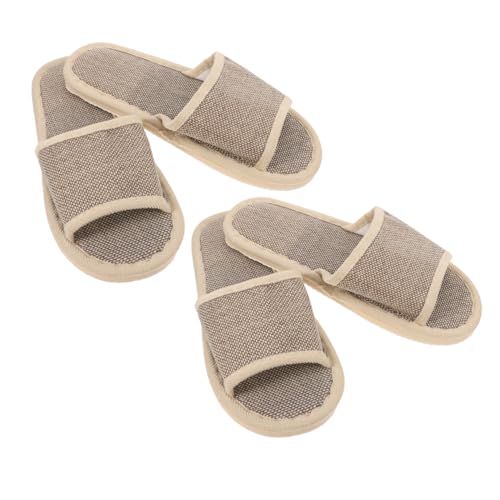 OUNONA 2 Paare Leichte Leinen Hausschuhe Damen Sommer Rutschfest EVA Sohle Baumwolle Slippers für Hotel und Zuhause Atmungsaktive Offene Pantoffeln in Beige Geeignet für Schuhgröße von OUNONA