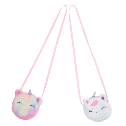 OUNONA 2 Stück Plüsch Einhorn Umhängetasche Niedliche Runde Crossbody Geldbörse Leichter Münzbeutel für Schlüssel und Kleingeld Schultertasche für Mädchen und Weiß von OUNONA