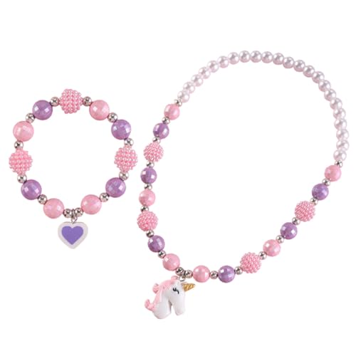 OUNONA 2 Stück Teiliges Schmuckset Einhorn Armband und Halskette mit Herzförmigem Anhänger Niedliches Leicht Anzuziehendes Armband und Elastische Halskette für Mädchen Geschenk Zubehör von OUNONA