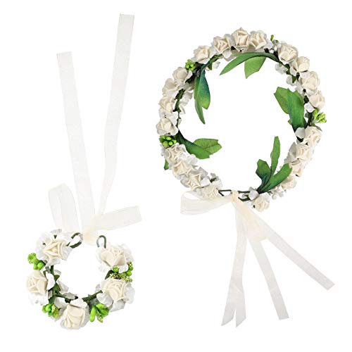 OUNONA 2 Stück Teiliges Set Blumenkranz Haarreif und Armband für Mädchen Simulierter Blumenschmuck für Geburtstagsfeiern Hochzeiten und Feste Weiß Lebensecht und Hautfreundlich von OUNONA