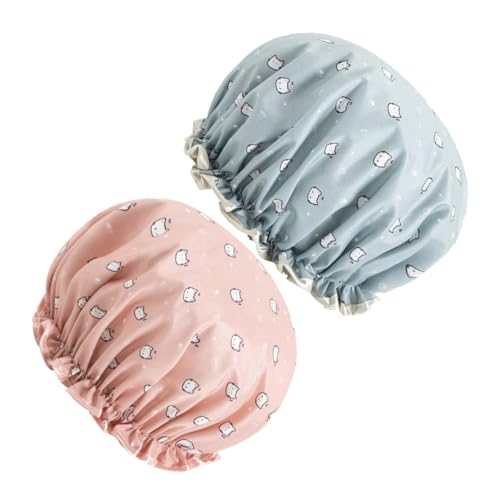 OUNONA 2 Stück Wasserdichte Duschhaube Damen Doppelter Schutz Badekappe mit Motiv Wiederverwendbar für Haare Beim Duschen Spa Make up Rosa Blau von OUNONA