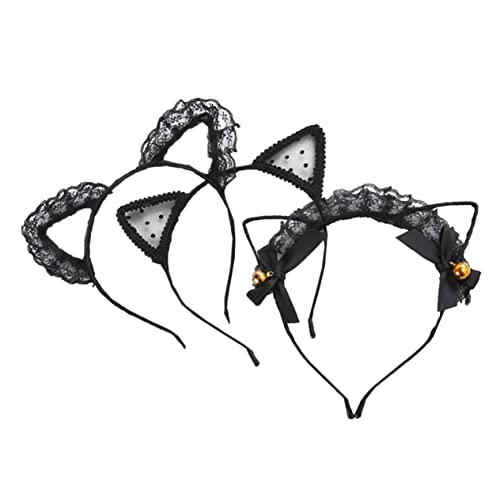 OUNONA 3 Stück Spitzen Katzenohren Haarreif Teiliges mit Glöckchen und Netz für Damen Leichtes Rutschfestes Cosplay Haarband Passend für Party und Kostümdeko von OUNONA