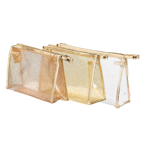 OUNONA 3 Stück TPU Transparente Kosmetiktasche mit Zipper Multifunktionale Schminktasche für Damen Reise kulturbeutel in Weiß Kaffee Goldfaden Praktische Aufbewahrungstasche für Make up von OUNONA