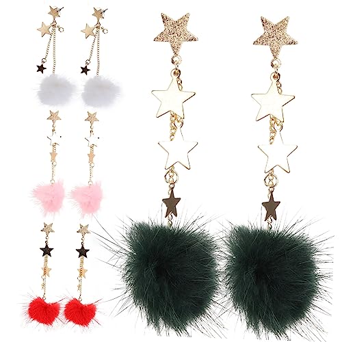 OUNONA 4 Paare Pom Pom Ohrringe für Damen Weiß Rot Grün mit Stern Design Leichte und Handgefertigte Quastenohrringe für und Outfit von OUNONA