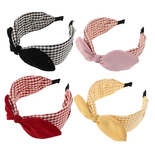 OUNONA 4 Stück Damen Haarreifen mit Schleife Breites Kariertes Stirnband aus Weichem Stoff Formbeständig Angenehm zu Tragen Modische Haarschmuck für Alltag Partys und Hochzeiten von OUNONA