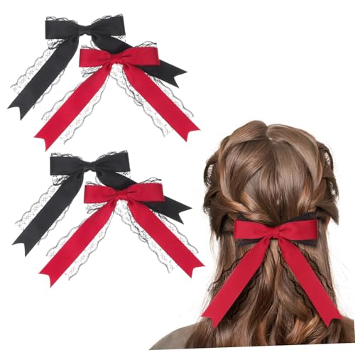 OUNONA 4 Stück Spitzen haarspangen mit Großen Langen Schleifen Alligator Clips Stabile Haarschleifen für Damen Mädchen Charmante Verspielte Haarschmuck accessoires in Schwarz und Rot von OUNONA