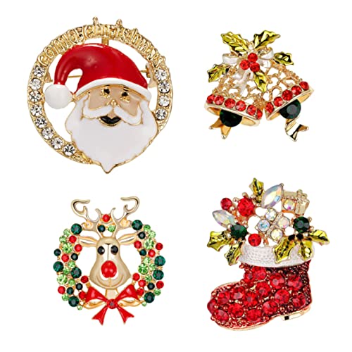 OUNONA 4 Stück Weihnachtliche Broschen mit Glöckchen Strass Weihnachtsmann Kreative Party Anstecknadeln für Kleidung Taschen Jacken Festliche Accessoires von OUNONA