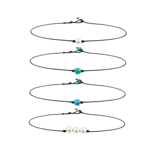 OUNONA 4stücke Perlen-halskette Aus Lederband Einzelne Perlenkette Lederseil-halskette Schmuck Für Frauen Und Mädchen Türkisfarben Leicht Zu Tragen von OUNONA