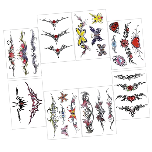 OUNONA 8 Blätter Temporäre Tattoos für Schmetterlings und Blumen Designs Hautfreundliche Körpertattoo Aufkleber für Strandpartys und Festivals von OUNONA