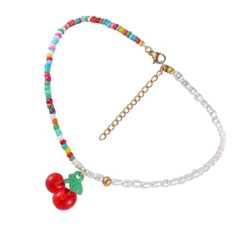 OUNONA Bohemian Halskette mit Bunten Plastikperlen und Asymmetrischen Echten Perlen Choker für Frauen Modisches Accessoire für Partys und Besondere Anlässe von OUNONA