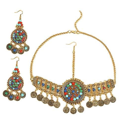 OUNONA Bohemian Schmuckset Damen Goldfarbenes Ethnisches Kopfstück und Ohrringe mit Strass Modischer Trachtenschmuck für Alltag und Festliche Anlässe Vielseitiges für Frauen von OUNONA