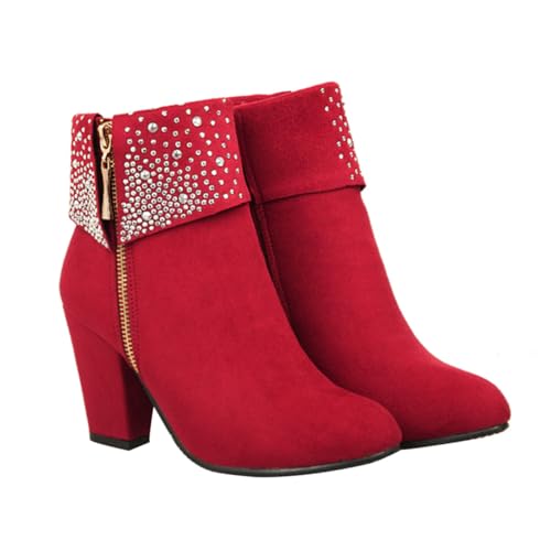 OUNONA Damen Ankle Boots mit Blockabsatz und Strasssteinen Rote Herbst Winter Stiefeletten für Hochzeit Stilvolle Brautschuhe Bequeme Kurzstiefel für Festliche Anlässe von OUNONA