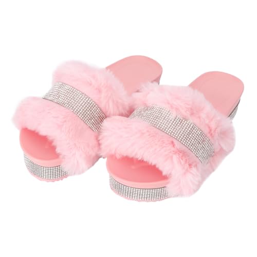 OUNONA Damen Hausschuhe mit Dicker Sohle und Rutschfester Innensohle Warme Flauschige Slipper mit Funkelnden Strasssteinen Bequemes Wintermodell Rosa für Indoor und von OUNONA