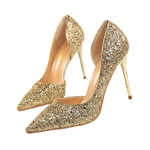 OUNONA Damen High Heel Pumps Gold mit Dünnem Absatz Spitz Zulaufend und Paillettenbesatz Flacher Komfortabel und Modisch für Party Club und Festliche Anlässe US von OUNONA