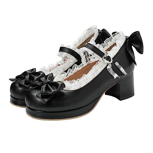 OUNONA Damen High Heels mit Dicker Absatzhöhe Schuhe für Frauen rutschfeste und Bequeme Outdoor Pumps Schwarze Schleifen Optik von OUNONA