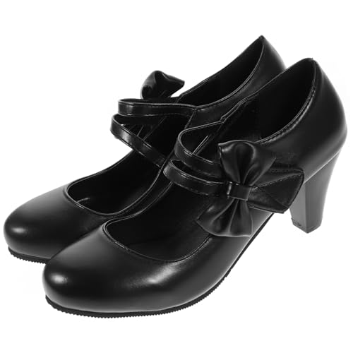 OUNONA Damen High Heels mit Schleifen Detail Grober Absatz Leichter Einstieg Pu Material Damenpumps für Alltag und Party Schwarz von OUNONA