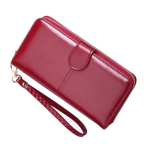 OUNONA Damen Langbörse aus PU Wachsleder mit Reißverschluss und Druckknopf Sichere Handytasche und Geldbörse in Weinrot Tragbar mit Handgelenkschlaufe für Alltag Einkauf und Arbeit von OUNONA