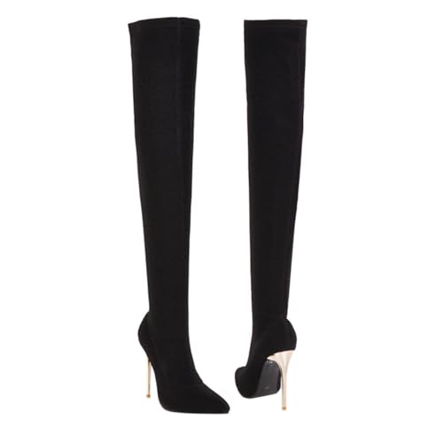 OUNONA Damen Overknee Stiefel mit Hohem Dünnem Absatz PU Obermaterial Rutschfeste Gummisohle Kniehohe Winterboots Langlebig und Atmungsaktiv Modischer Herbst und Winterschuh Schwarz von OUNONA