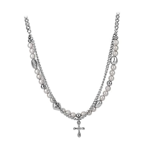 OUNONA Damen Perlenkette Doppelreihig Kreuzanhänger Halskette Schmuck Frauen Mode Accessoire von OUNONA