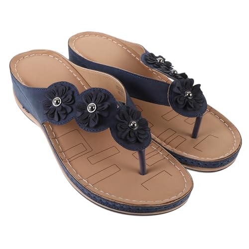 OUNONA Damen Sandalen Keilabsatz Blumenmuster Komfortable Sommerschuhe für Strand und Alltag Rutschfeste Sohle Modische Blaue Slipper Passend zu Jeans und Röcken von OUNONA