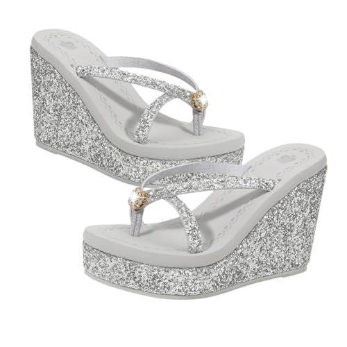 OUNONA Damen Sandalen Sommer High Heels mit Glitzersteinen Modische Strandschuhe Rutschfest Atmungsaktiv Geeignet für Freizeit Strand Party Silberne Pailletten sandaletten von OUNONA
