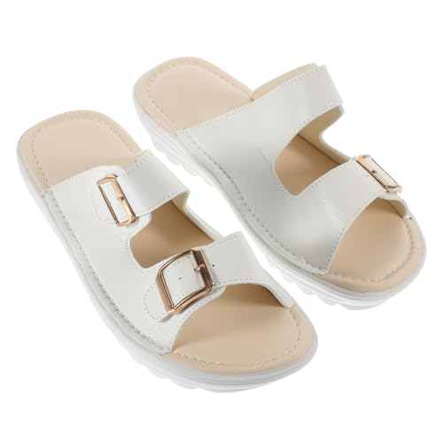 OUNONA Damen Sandalen Sommer Weiß Echtleder Sandaletten mit Keilabsatz Leichte Atmungsaktive Slipper für Strand Urlaub Freizeit US Fußlänge von OUNONA