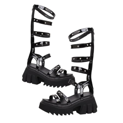 OUNONA Damen Sandalen mit Dicker Sohle Hoher Absatz Nieten und Verstellbarem Riemen Modische Sommer Schuhe Schwarz Plateau Sandaletten für Party und Alltag von OUNONA
