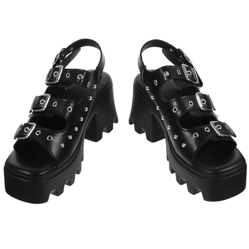 OUNONA Damen Sandalen mit Nieten Roman Style Chunky High Heels Plateau Schwarz Modische Punk Plattform Schuhe für Alltag und Reisen von OUNONA