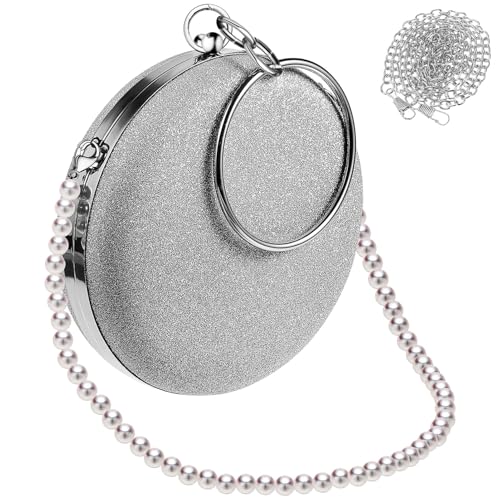OUNONA Elegante Damen Abendtasche Rund mit Abnehmbarer Perlenkette Weiße Clutch für Hochzeit Party und Festliche Anlässe Kompakte Handtasche für Lippenstift und Schlüssel Stilvolles von OUNONA