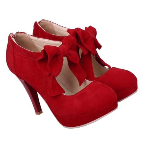 OUNONA Elegante Damen High Heels Runder Zehenbereich Bowknot Frühling Schuhe Rote Wildleder Pumps Für Partys und Besondere Anlässe von OUNONA
