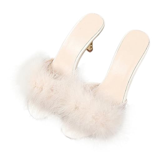 OUNONA Fluffy High Heel Slippers Damen Sommer Sandalen mit Komfortabsatz Offene Zehen Modische Bequeme Hausschuhe für Innen und Außen Weiß beige von OUNONA