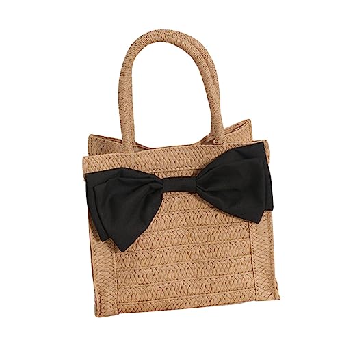 OUNONA Handgewebte Damen Strohtasche mit Schleifen Leichte Geräumige Handtasche für Strand Shopping und Freizeit Eleganter Robust und Modisch Kaffee Farbton von OUNONA