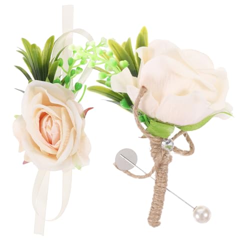 OUNONA Hochzeits Korsage Set mit Handgelenk Blumenarmband und Boutonniere Teiliges Set Champagnerfarbe für Braut und Brautjungfern Langlebig und Farbenfroh Hochzeitsdekoration von OUNONA