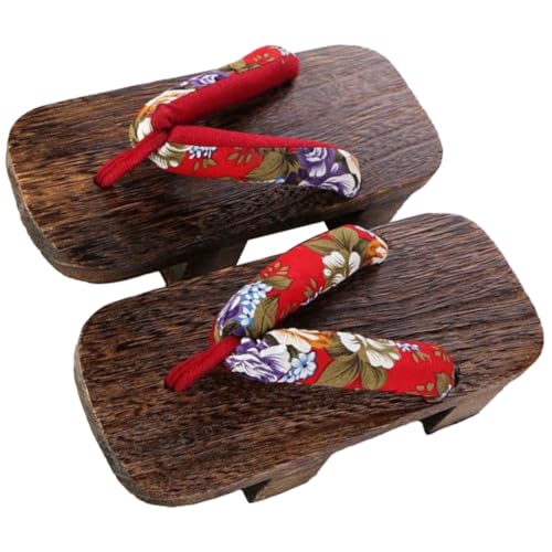 OUNONA Japanische Clog Slippers Damen Holz Atmungsaktiv Langlebig Traditionelle Sandalen Bequeme Sommerschuhe mit Dekorativem Design Geeignet für Fußgröße Rot von OUNONA