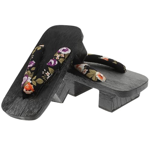 OUNONA Japanische Clogs Holzplattform Sandalen Unisex Sommer Flops Slipper mit Blumenmuster Schwarz Passend für Damen Herren Freizeit und Party von OUNONA