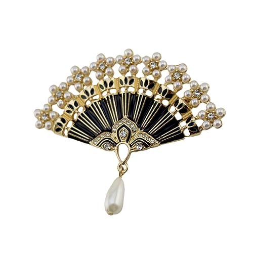 OUNONA Klassische Vintage Brosche Form Eines Chinesischen Fächers mit Kristallen und Perlen Elegantes Accessoire für Frauen und Mädchen für Kleidung Hochzeiten und Partys Schwarz von OUNONA