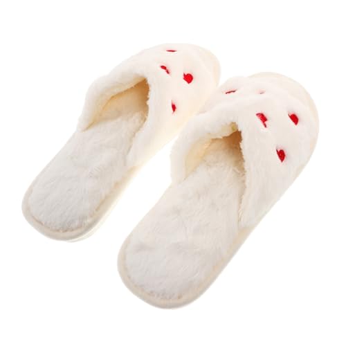 OUNONA Plüsch Hausschuhe Damen Open Toe mit Herzmotiv Rutschfeste Gummisohle Atmungsaktive Weiche Indoor Slipper Weiße Bequeme Freizeitpantoffeln für Jahreszeiten von OUNONA