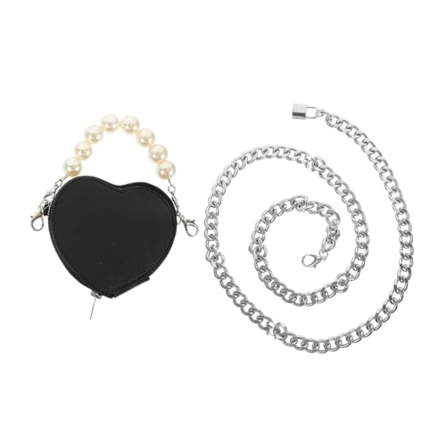 OUNONA Punk Herz Mini Gürteltasche Damen mit Abnehmbarer Perlenkette und Metallgürtel Kleine Umhängetasche für Alltag Reisen Shopping Vielseitig Kombinierbar Schwarzes Pu Material von OUNONA
