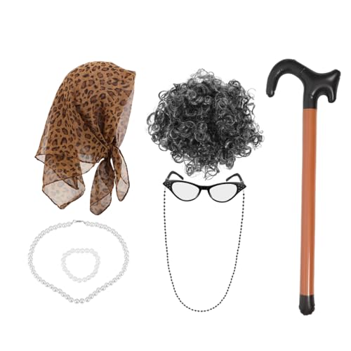 OUNONA Realistische Damenperücke Großmutter Kostüm Zubehör Teilig Tiefgraue Locken Perücke mit Tuch Gehstock für Bühnenauftritte und Cosplay Einfach Tragbar und Verstellbar von OUNONA