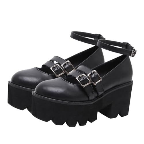OUNONA Retro Damen Runde Schuhe Rundkopf Großer Absatz PU Casual Mode Alltag Arbeit Party Schwarz von OUNONA