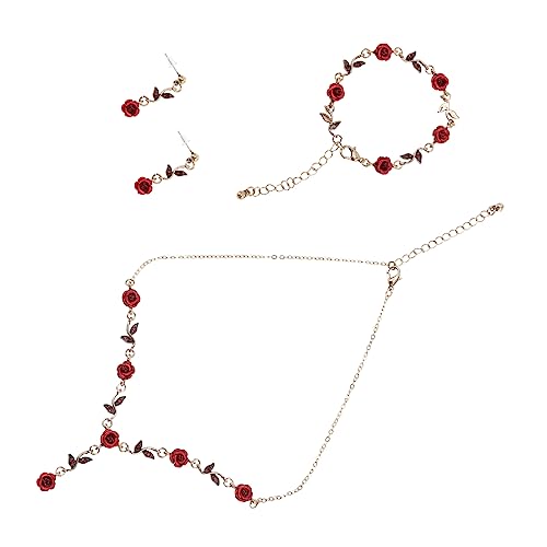 OUNONA Rosen Schmuckset Damen Verstellbare Halskette Armband und Ohrringe Rot Blumen Design für Hochzeit Party Vintage von OUNONA