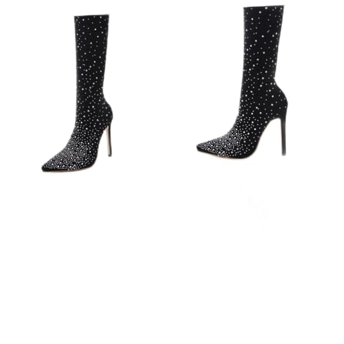OUNONA Schwarze Damen Stiefel Spitz mit Funkelnden Strasssteinen Hohe Absatzschuhe Elegante Lange Boots für Party Hochzeit Büro und Alltag Komfortable Innensohle Modisch Kombinierbar von OUNONA