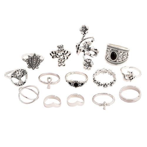 OUNONA Teiliges Bohemia Retro Ring aus Silberfarbenem Legierungsmetall Vintage Blumen Vogel motiv Verstellbare Modisch und Komfortabel für Damen Schmuckgeschenk von OUNONA