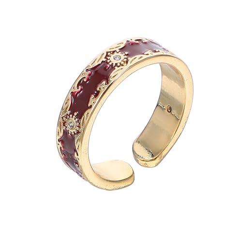 OUNONA Verstellbarer Offener Fingerring Damen Chinesischer Stil Emailliert mit Roten Zirkonia Blumen Stapelbar Modisch für Alltag Hochzeit Engagement Langlebige Farbe Einzigartiges von OUNONA