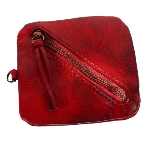 OUNONA Vintage Cowhide Münzbörse Damen Portemonnaie mit Reißverschluss Kleines Leichtes Change Wallet für Münzen Karten und Ohrhörer Kompakte Kosmetiktasche in Edlem Weinrot Tragbar und von OUNONA